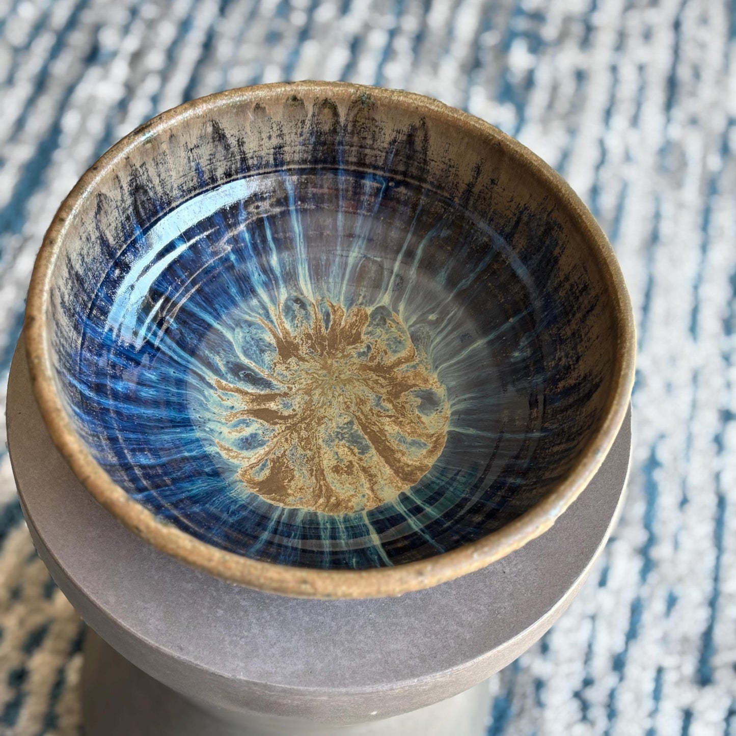 Handmade Decorative Bowl with Drippy Blue Interior and Rustic Textured Brown Exterior – 10.5” Wide - Vakili Art