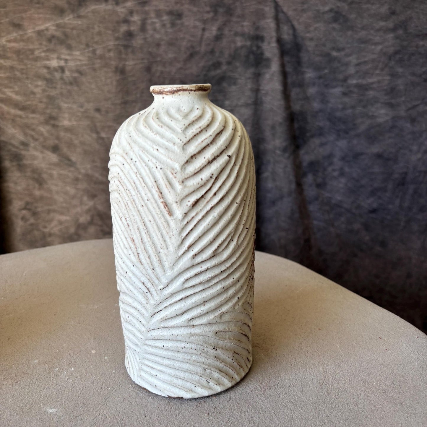 Handmade Decorative Ceramic Vase with Narrow Spout – White Glazed and Hand Carved Pottery - Vakili Art