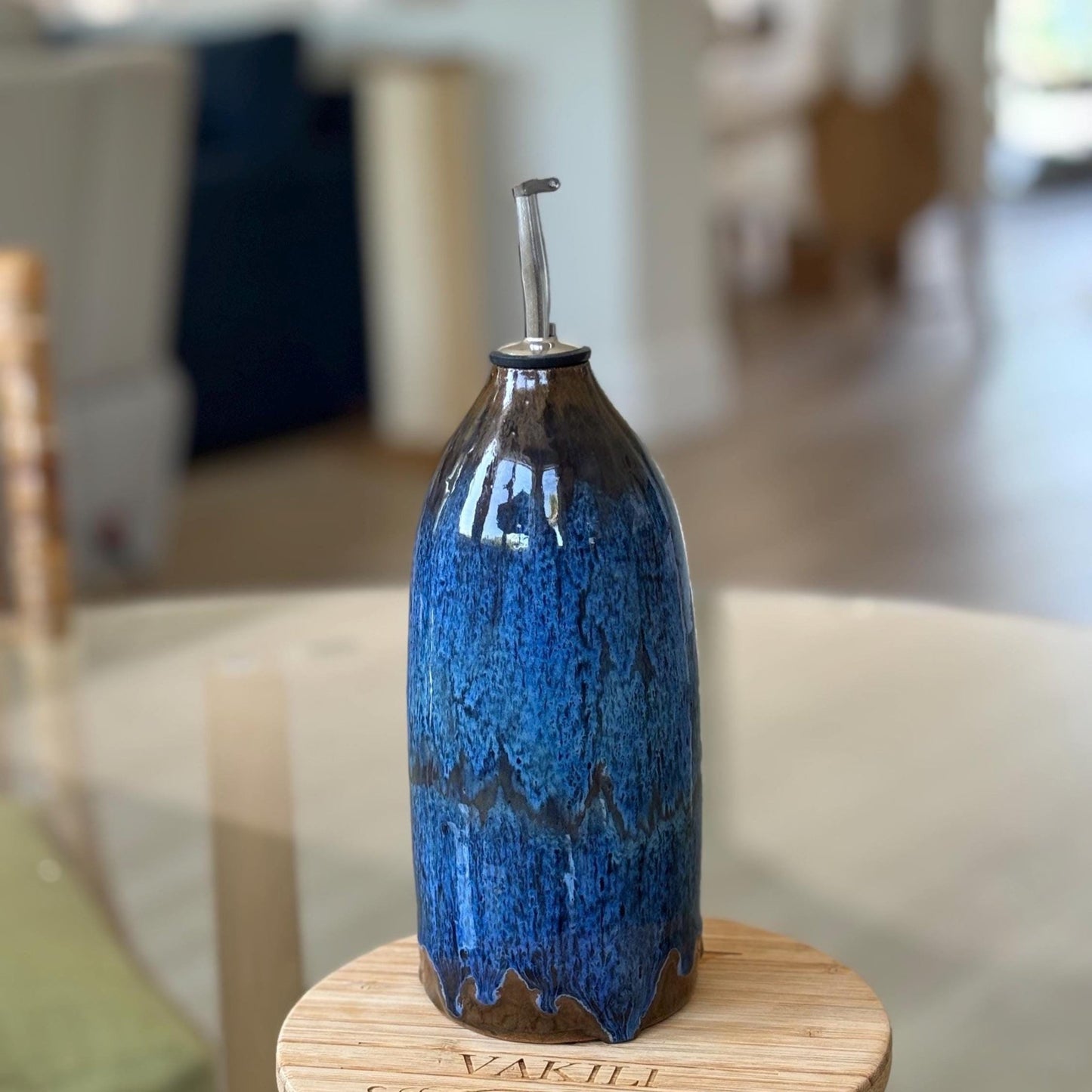 Handmade Olive Oil Bottle – Blue and Brown Glazed Ceramic Dispenser, Pottery Kitchen Decor, Refillable Oil Cruet for Cooking or Display - Vakili Art