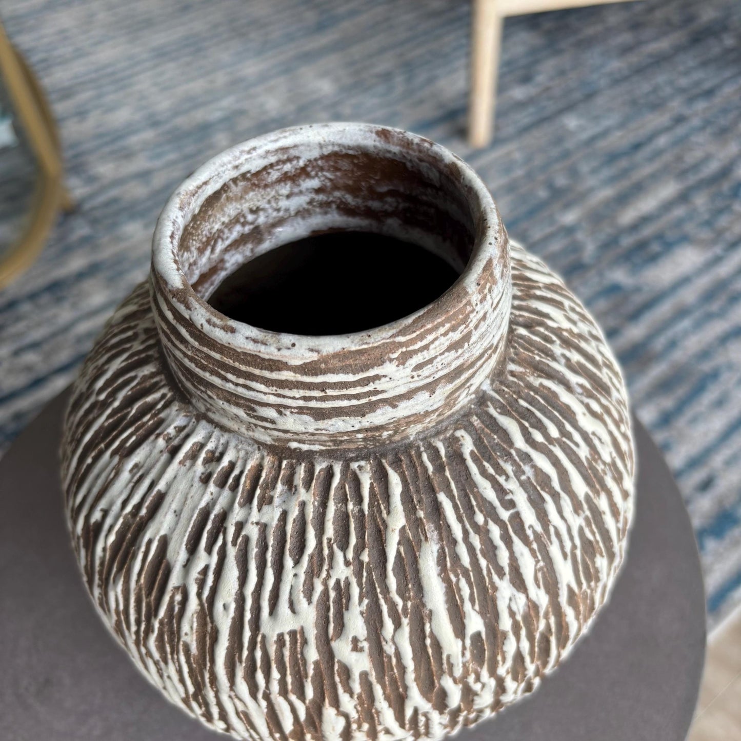 Handmade Round Ceramic Vase – Modern Rustic Hand Carved Brown and White Pottery Vase, Organic Matte Glaze - Vakili Art