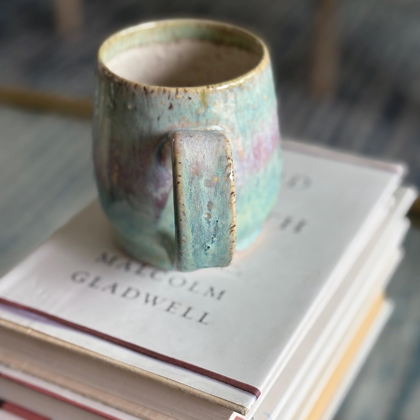 Handmade Rustic Ceramic Coffee Mug: Mint Green & Pink Stoneware - Vakili Art