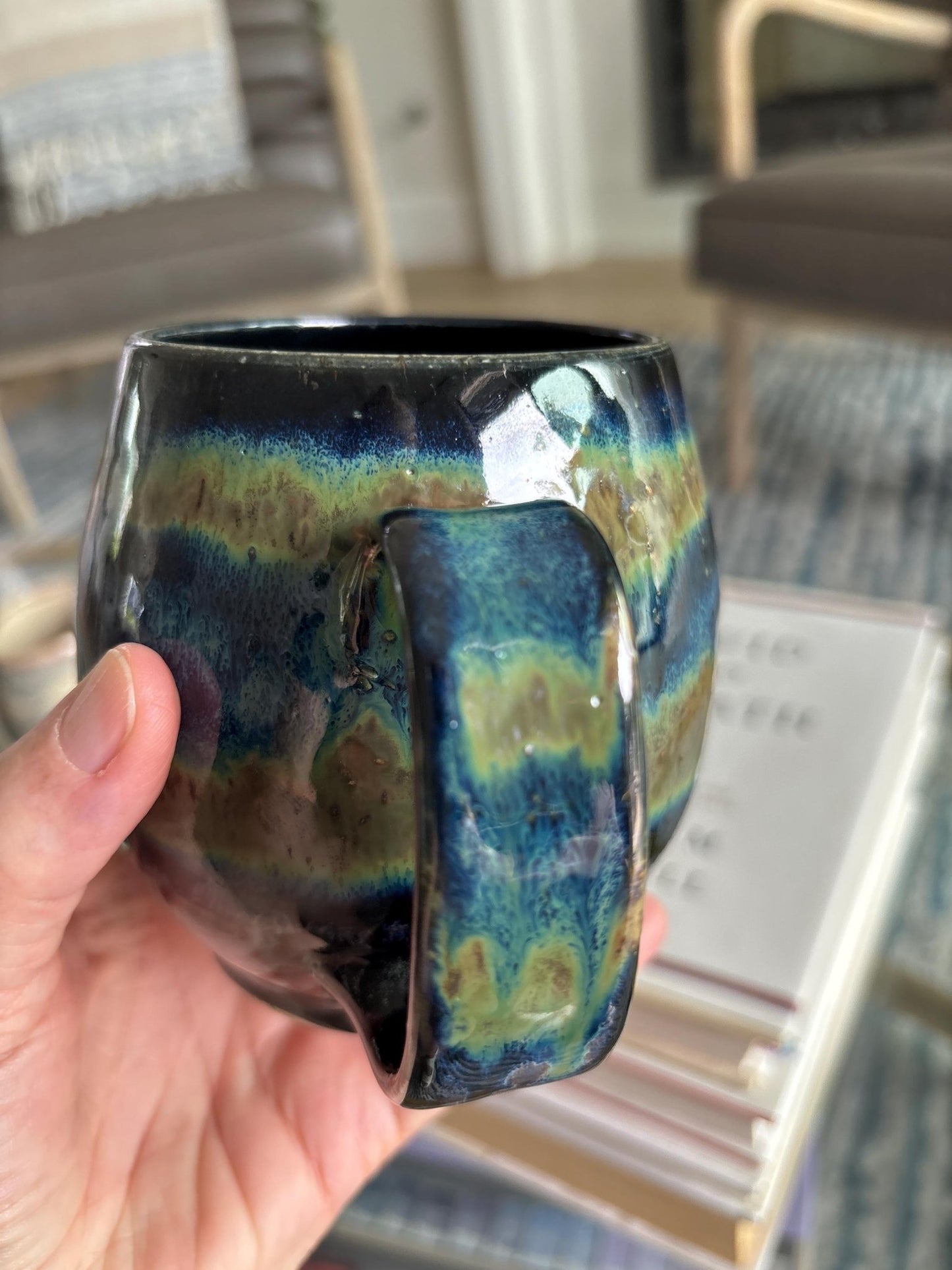 Rustic Handmade Stoneware Mug: Black, Blue & Green Spotty Glaze - Vakili Art