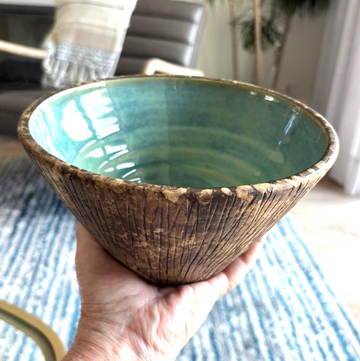 Rustic Turquoise Ceramic Bowl – V - Shaped Textured Pottery, Brown & Blue - Green Handmade Decorative Centerpiece, Carved Stoneware Art Bowl - Vakili Art