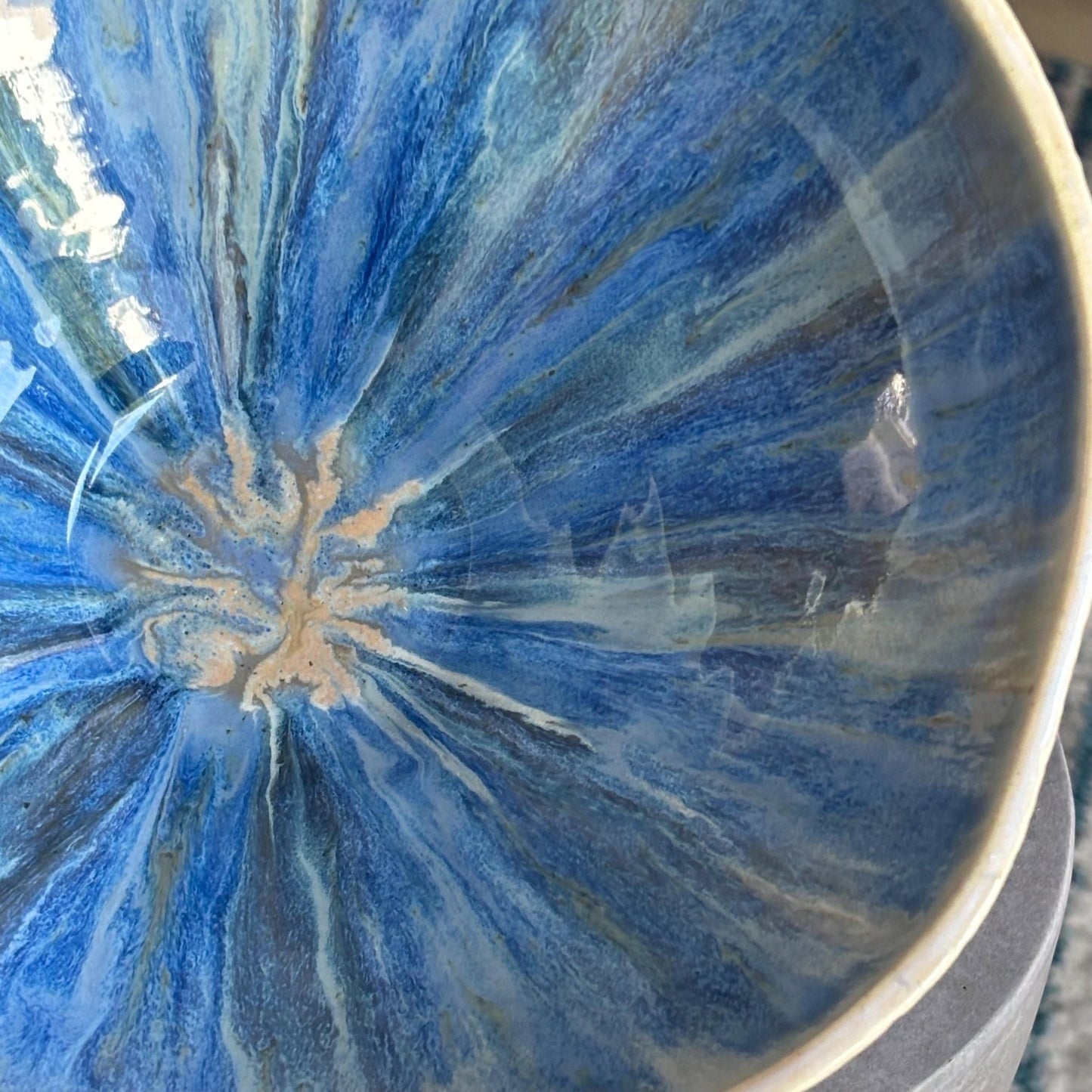 Blue Beachy Decorative Bowl: Hand - Carved White Pottery with Drippy Interior - Vakili Art