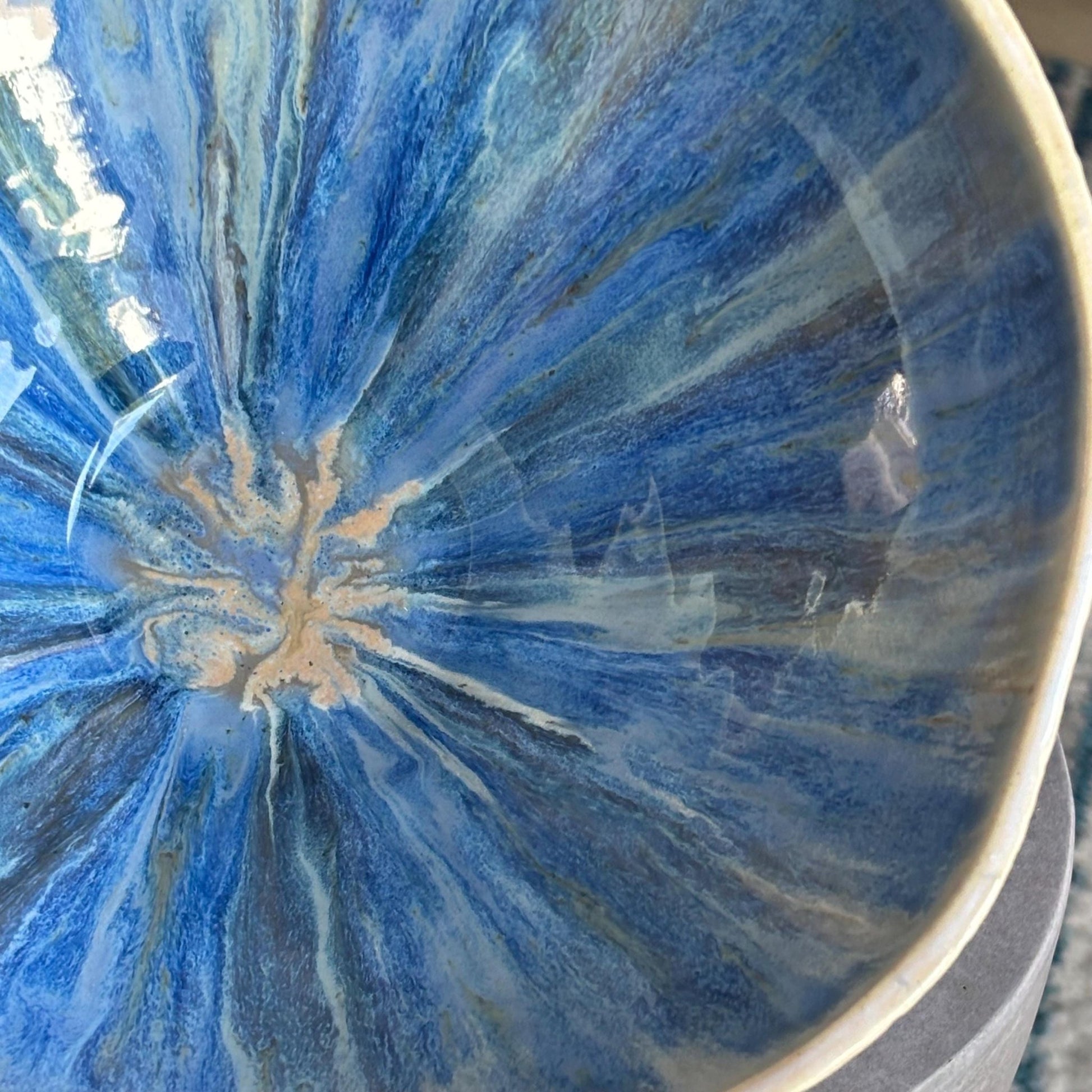 Blue Beachy Decorative Bowl: Hand - Carved White Pottery with Drippy Interior - Vakili Art
