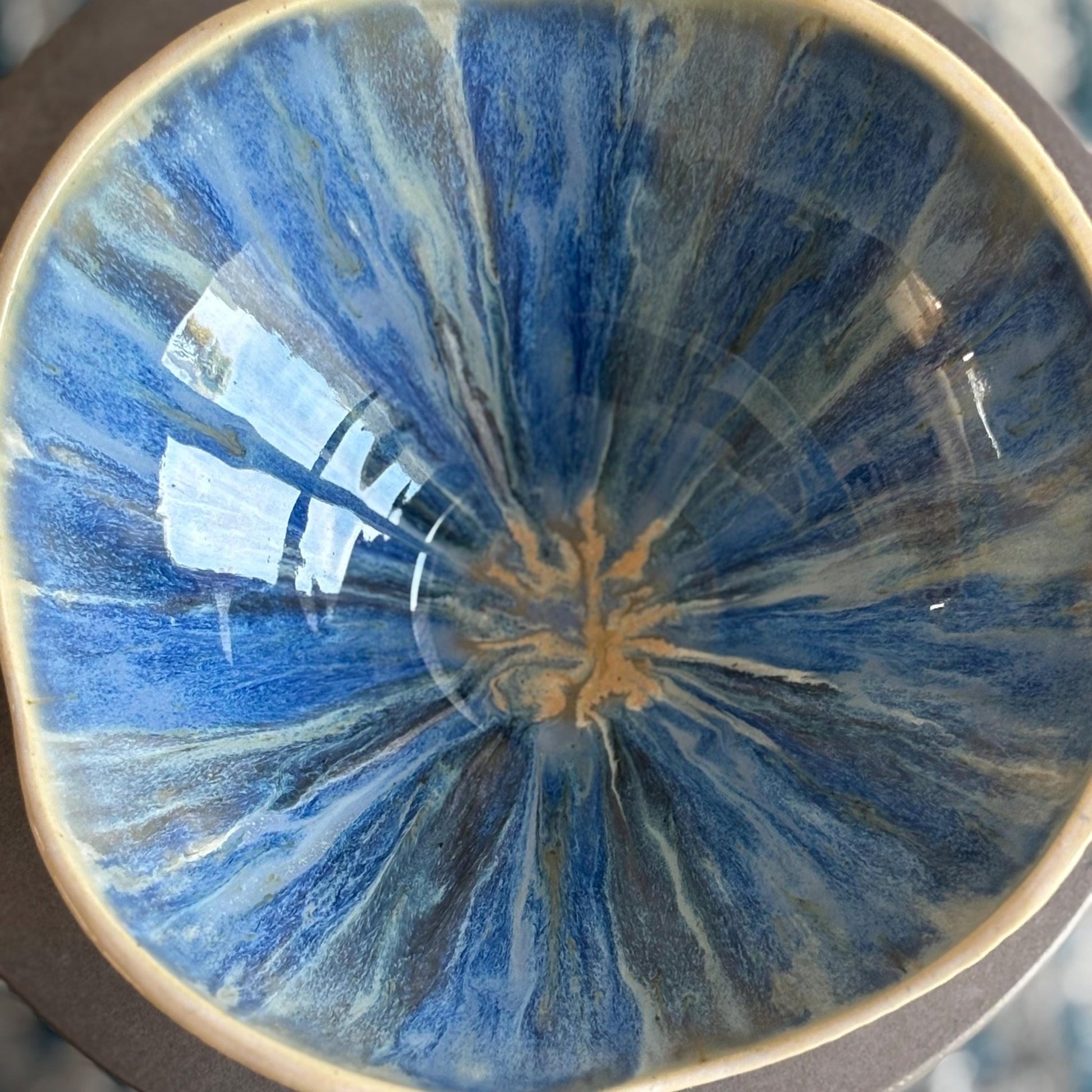 Blue Beachy Decorative Bowl: Hand - Carved White Pottery with Drippy Interior - Vakili Art