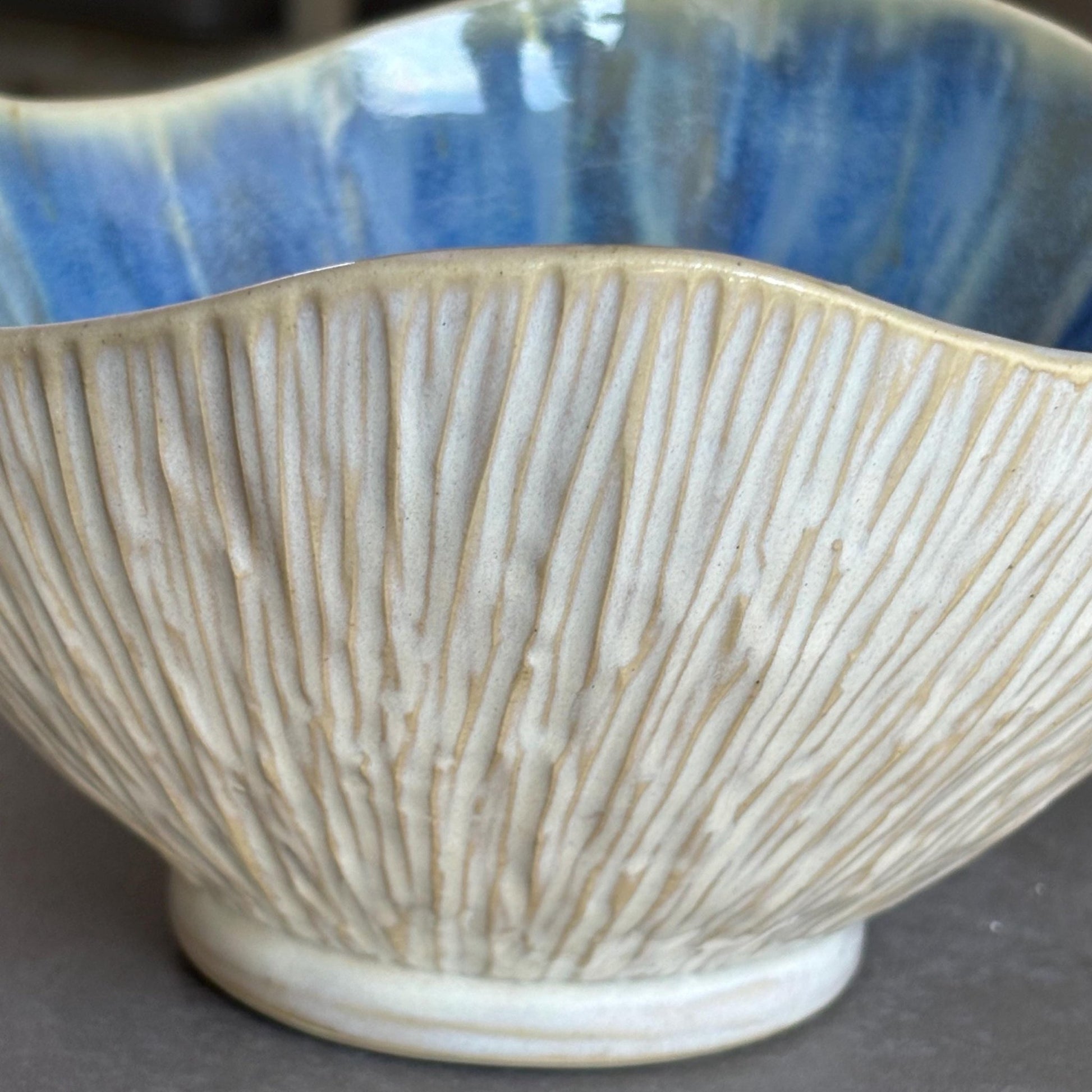 Blue Beachy Decorative Bowl: Hand - Carved White Pottery with Drippy Interior - Vakili Art