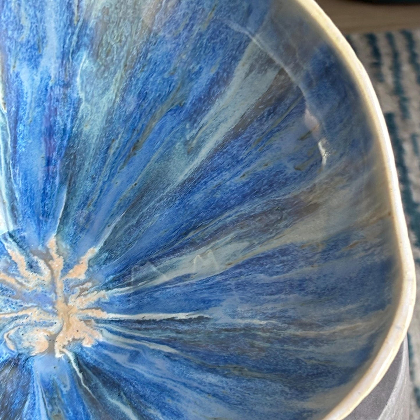 Blue Beachy Decorative Bowl: Hand - Carved White Pottery with Drippy Interior - Vakili Art
