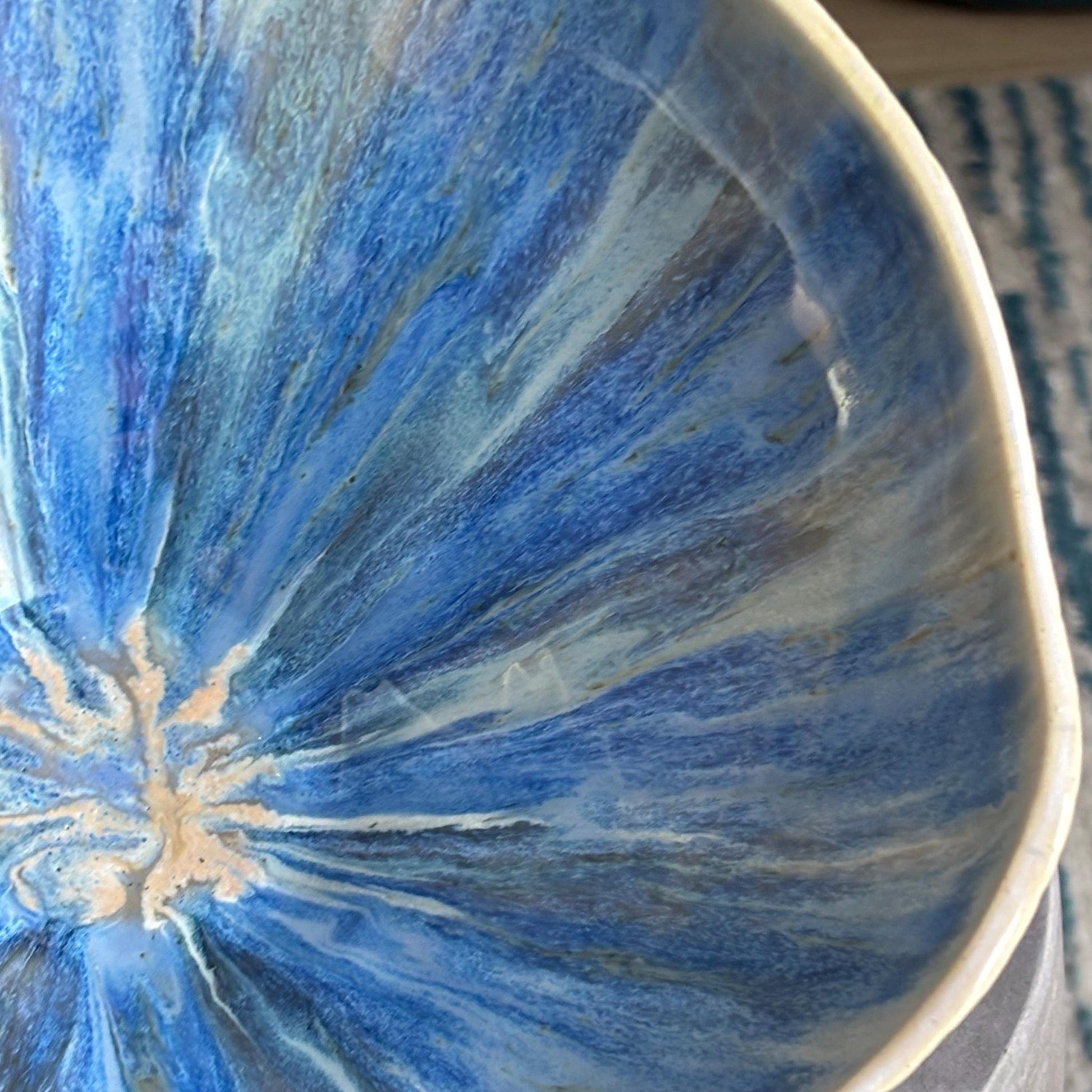 Blue Beachy Decorative Bowl: Hand - Carved White Pottery with Drippy Interior - Vakili Art
