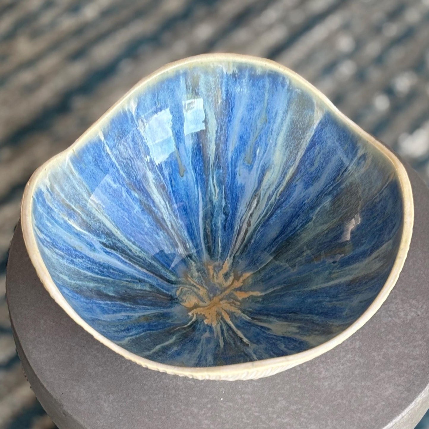 Blue Beachy Decorative Bowl: Hand - Carved White Pottery with Drippy Interior - Vakili Art