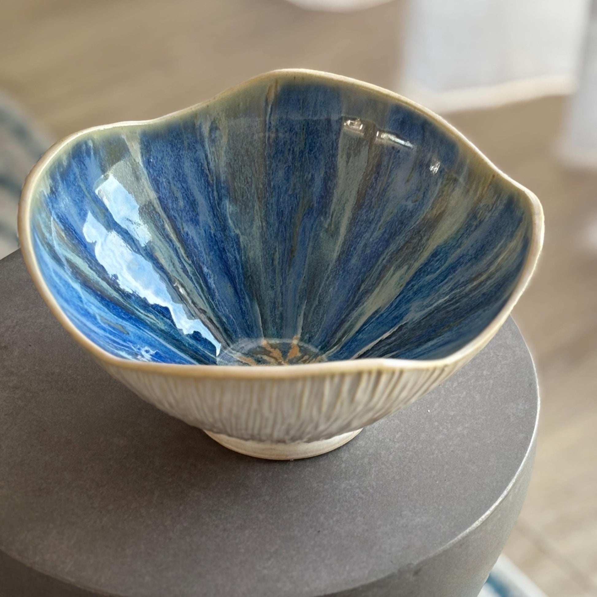 Blue Beachy Decorative Bowl: Hand - Carved White Pottery with Drippy Interior - Vakili Art