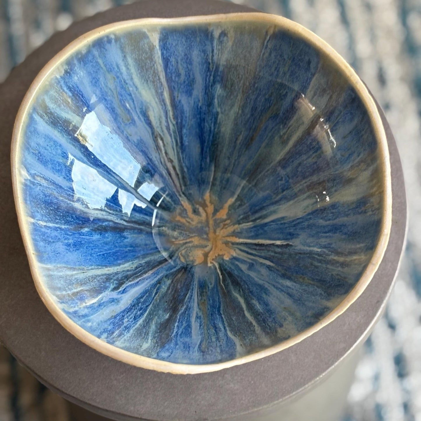 Blue Beachy Decorative Bowl: Hand - Carved White Pottery with Drippy Interior - Vakili Art