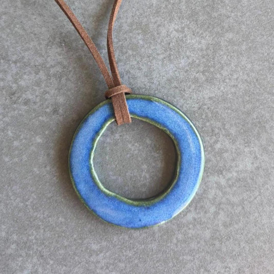 Blue Ceramic Ring Pendant Necklace: Handmade Stoneware Jewelry - Vakili Art