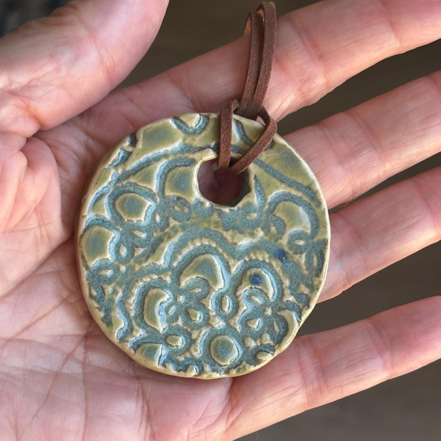 Green Ceramic Pendant Necklace: Handmade Stoneware Jewelry on Suede Cord - Vakili Art