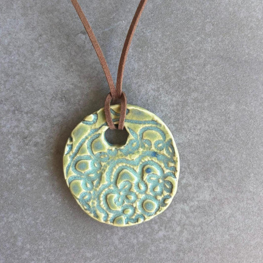 Green Ceramic Pendant Necklace: Handmade Stoneware Jewelry on Suede Cord - Vakili Art