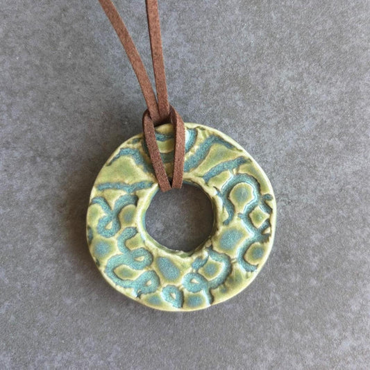 Green Ceramic Ring Necklace: Handmade Stoneware Pendant, Brown Suede Cord - Vakili Art