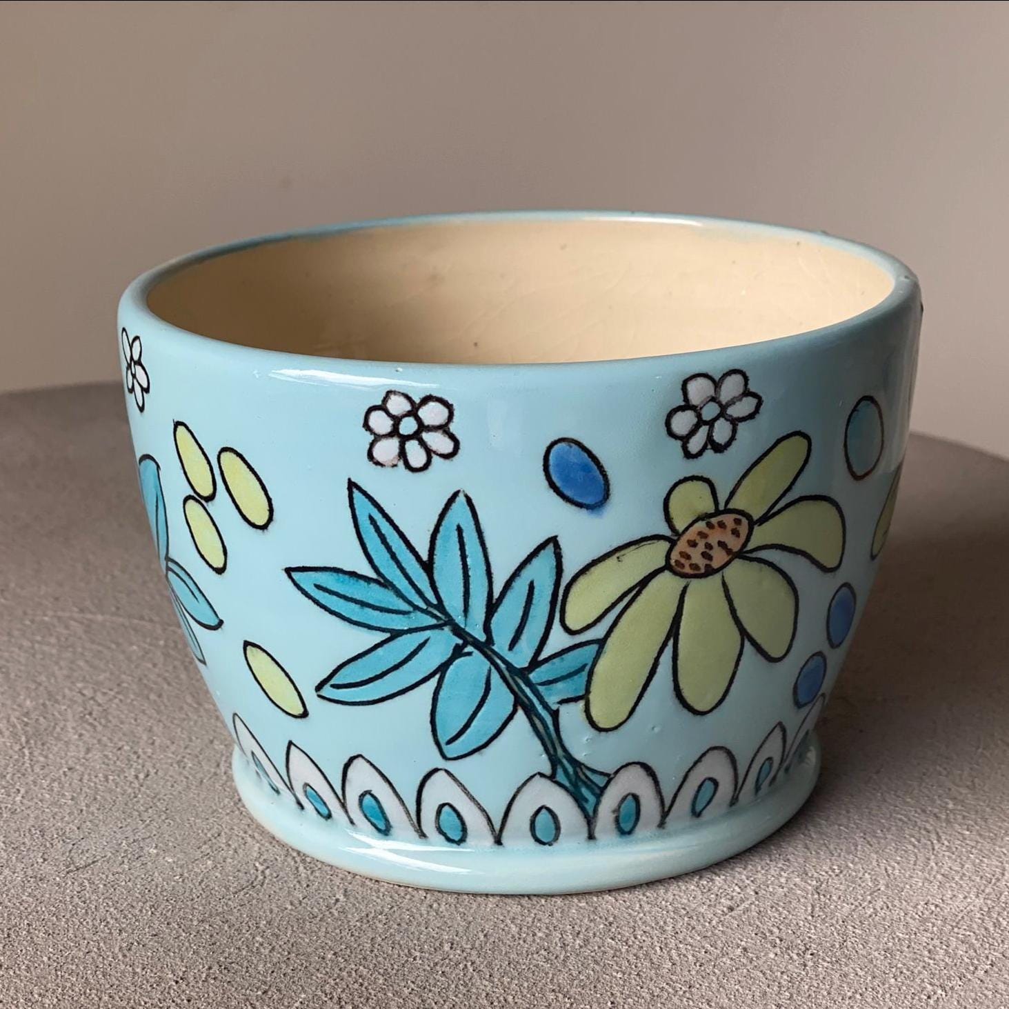 Handmade Blue Ceramic Planter: Floral Mishima Carved Flower Pot - Vakili Art