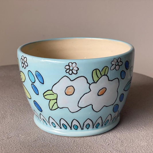 Handmade Blue Ceramic Planter: Floral Mishima Carved Flower Pot - Vakili Art