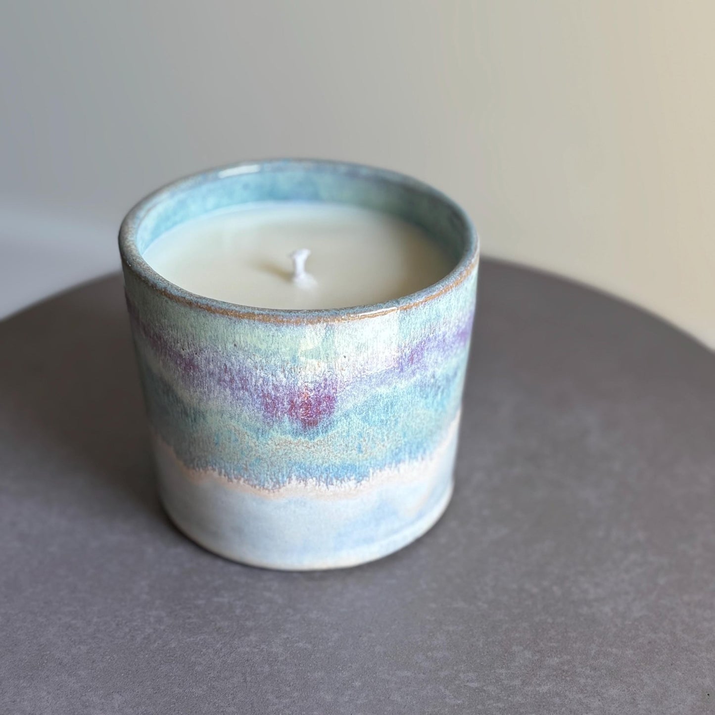 Handmade Ceramic Candle – Cocoa Butter Cashmere Scent – Drippy Purple & Green Glaze – Coco Soy Wax – Reusable Pottery Vessel - Vakili Art