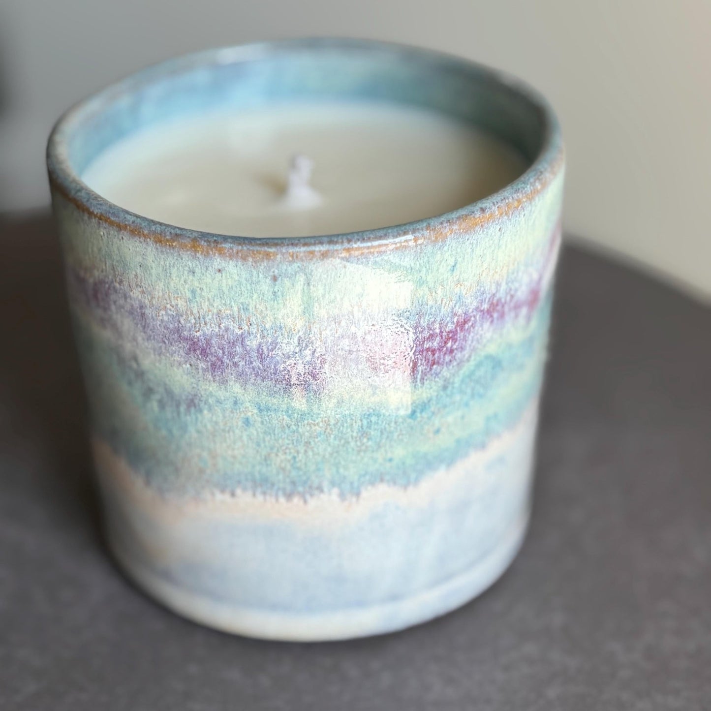 Handmade Ceramic Candle – Cocoa Butter Cashmere Scent – Drippy Purple & Green Glaze – Coco Soy Wax – Reusable Pottery Vessel - Vakili Art