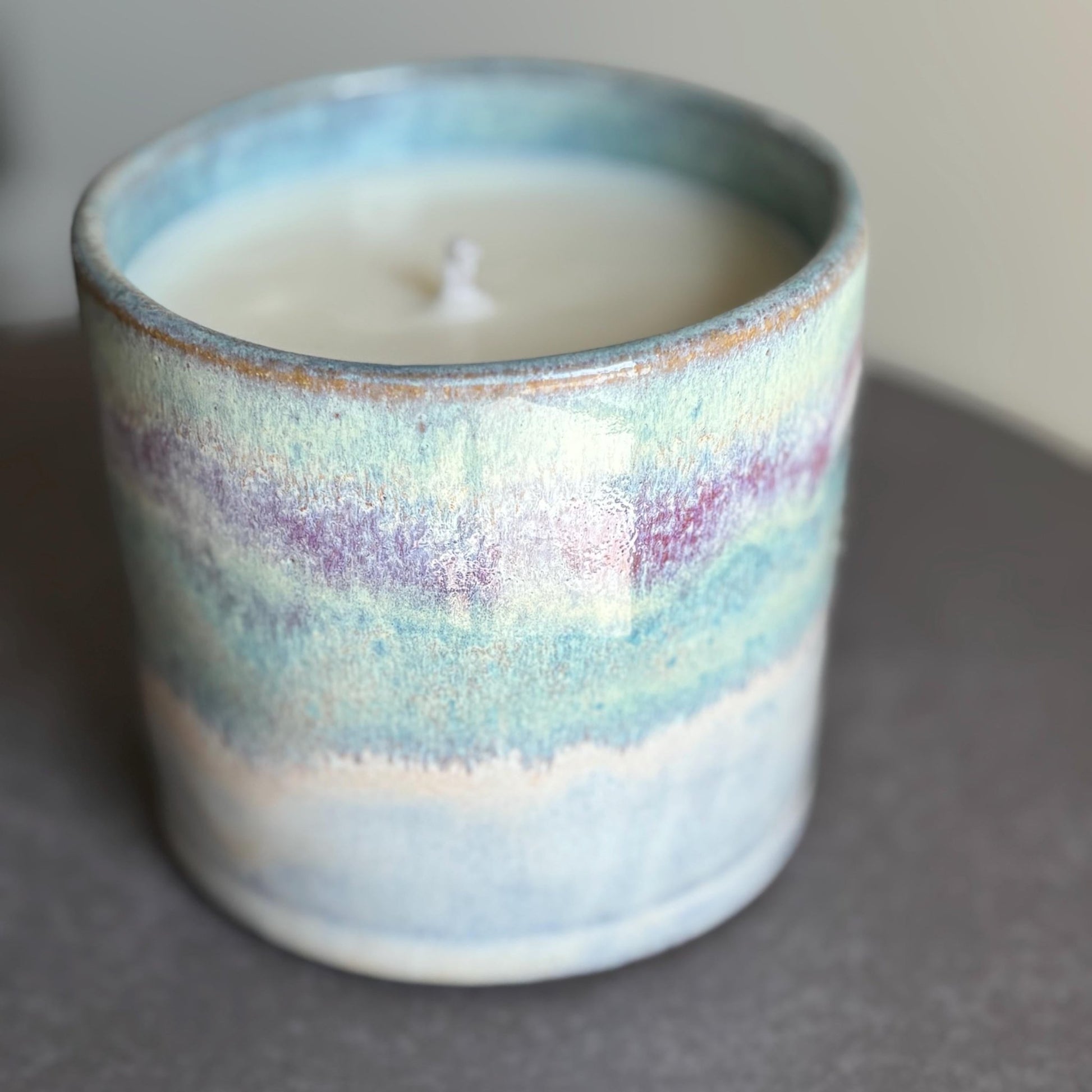 Handmade Ceramic Candle – Cocoa Butter Cashmere Scent – Drippy Purple & Green Glaze – Coco Soy Wax – Reusable Pottery Vessel - Vakili Art