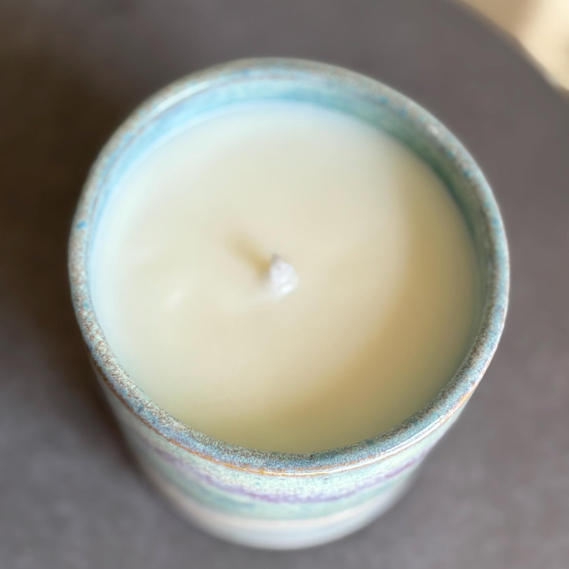 Handmade Ceramic Candle – Cocoa Butter Cashmere Scent – Drippy Purple & Green Glaze – Coco Soy Wax – Reusable Pottery Vessel - Vakili Art