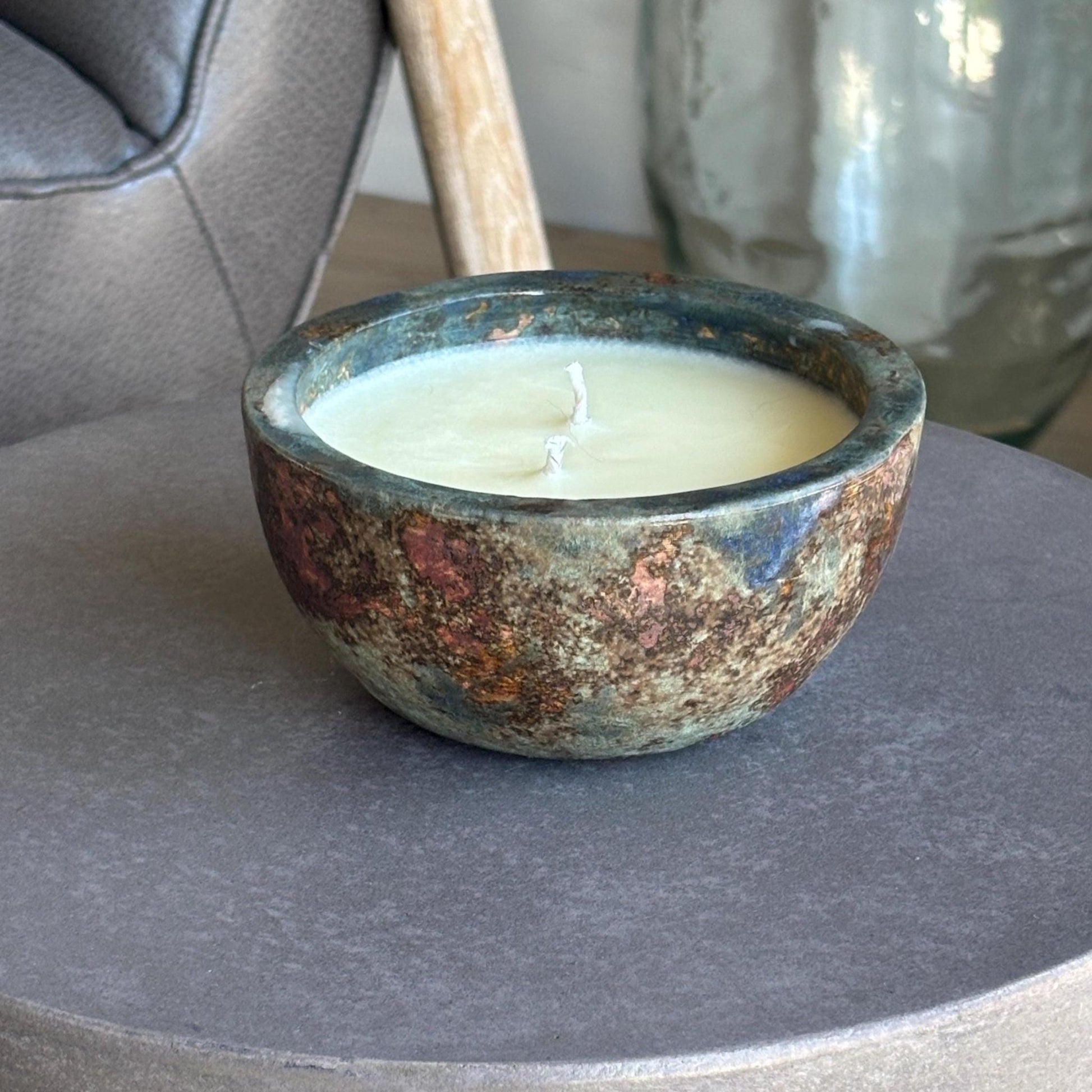 Handmade Ceramic Candle – Le Labo Lys - inspired Scent – Rustic Sage Green & Copper Glaze – Coco Soy Wax, Reusable Pottery Vessel - Vakili Art