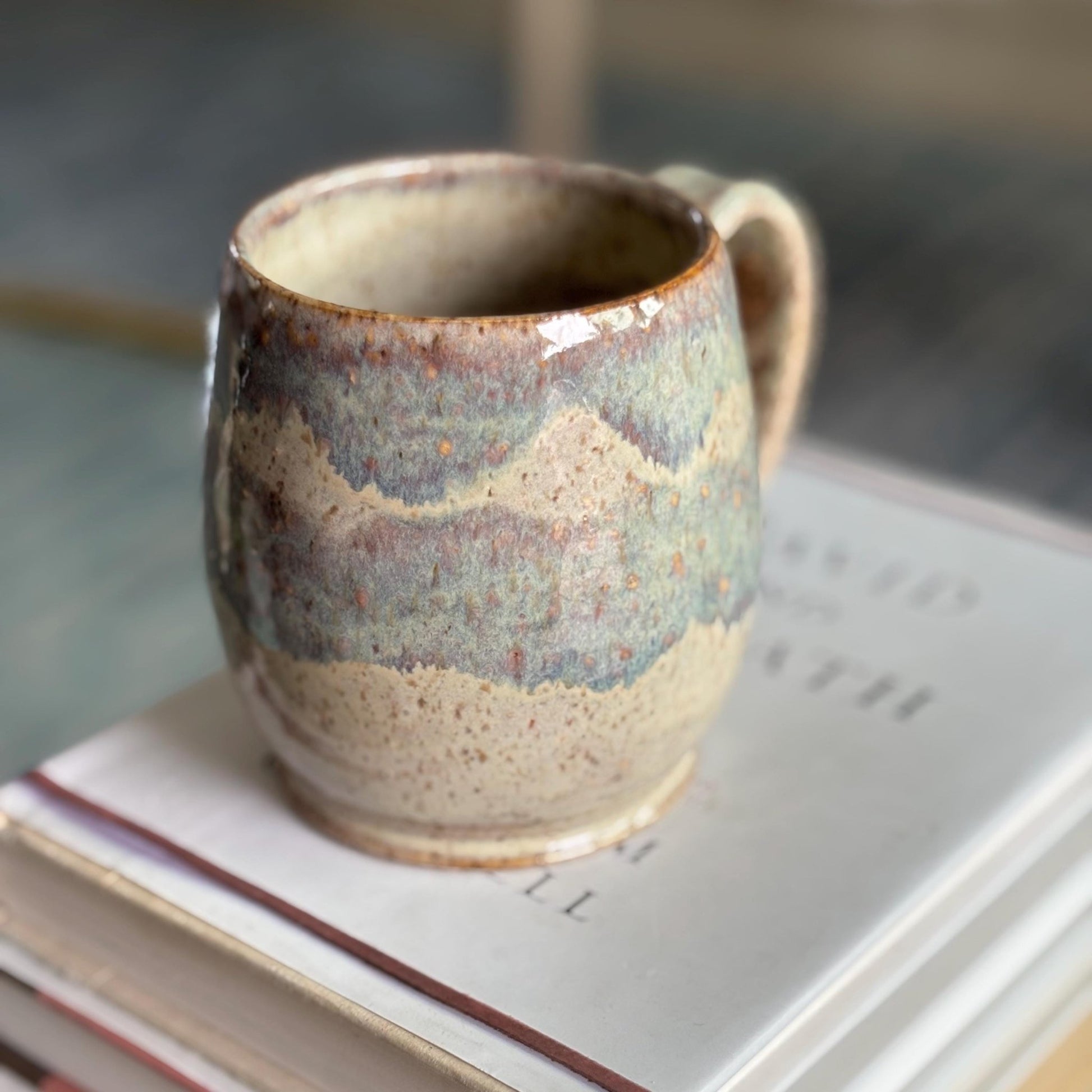 Handmade Ceramic Mug – Blue and Cream Pottery Mug – Artisan Stoneware Coffee Cup with Glossy Spotty Glaze - Vakili Art