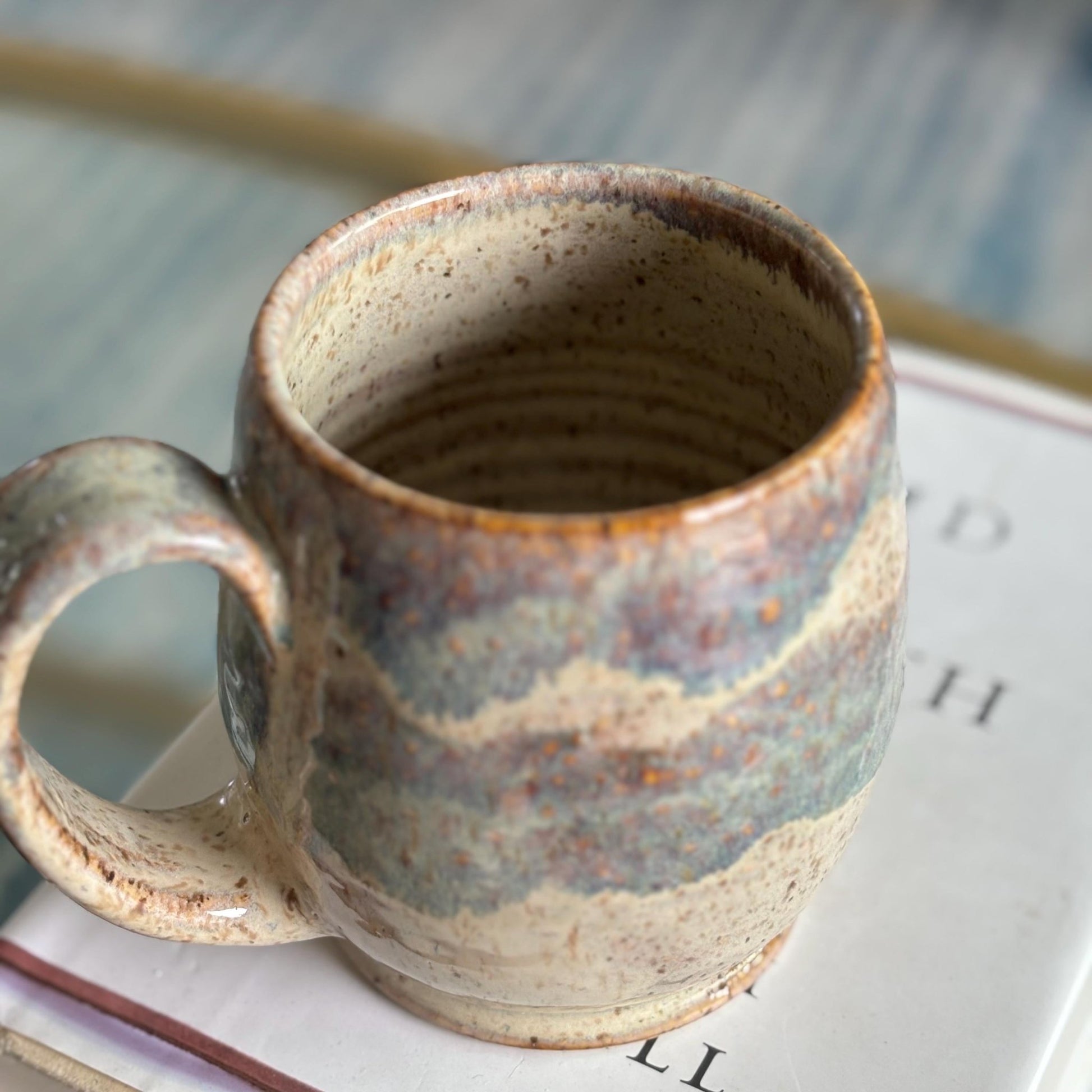 Handmade Ceramic Mug – Blue and Cream Pottery Mug – Artisan Stoneware Coffee Cup with Glossy Spotty Glaze - Vakili Art