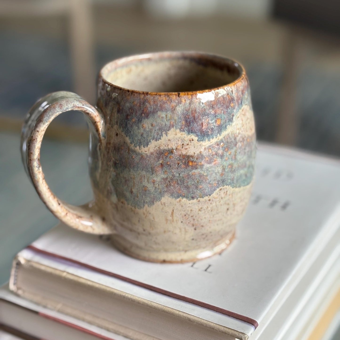 Handmade Ceramic Mug – Blue and Cream Pottery Mug – Artisan Stoneware Coffee Cup with Glossy Spotty Glaze - Vakili Art