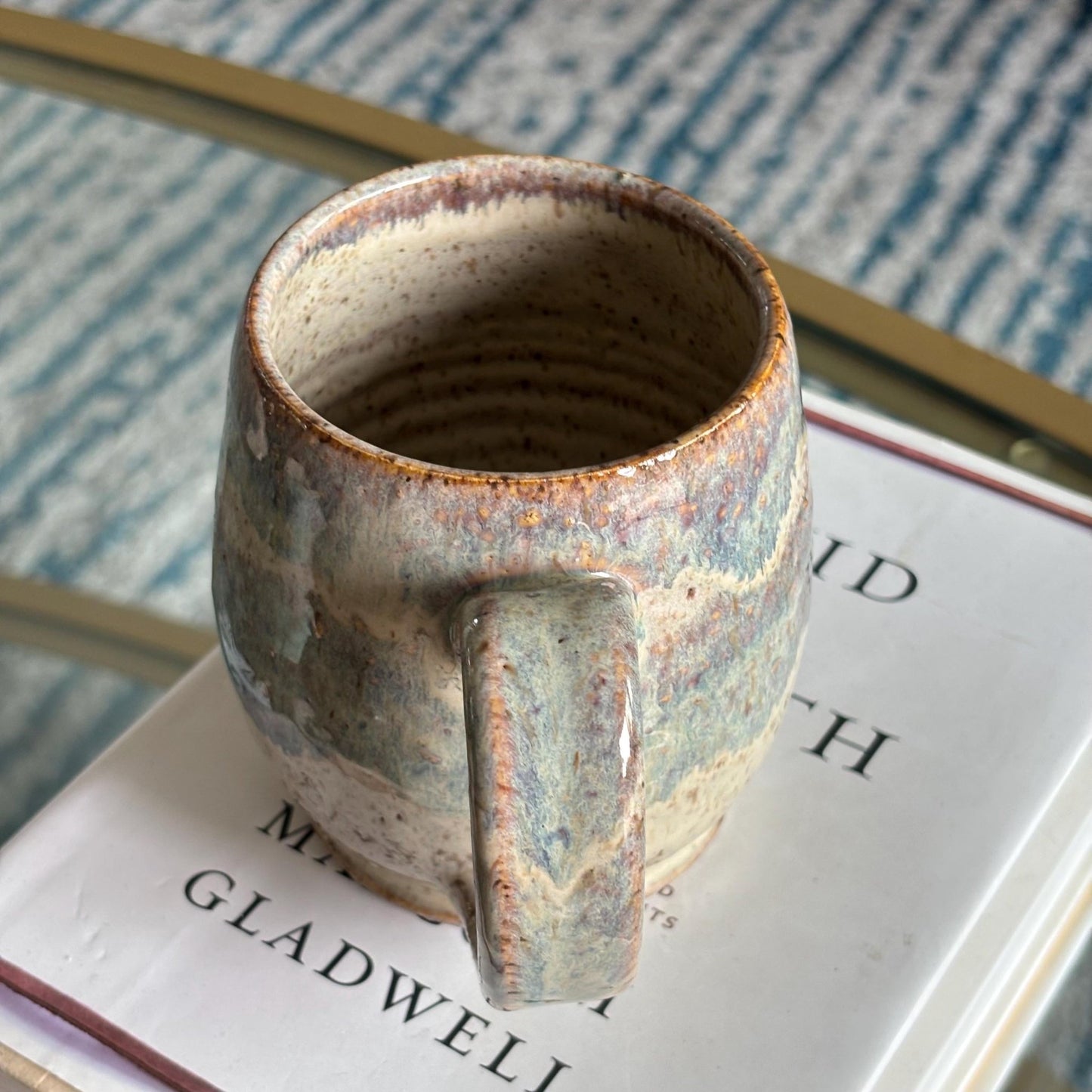 Handmade Ceramic Mug – Blue and Cream Pottery Mug – Artisan Stoneware Coffee Cup with Glossy Spotty Glaze - Vakili Art