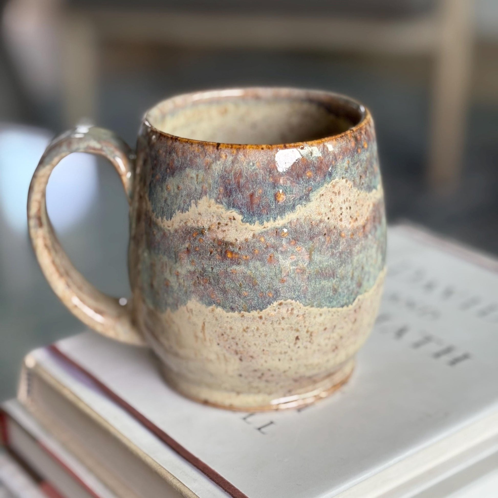 Handmade Ceramic Mug – Blue and Cream Pottery Mug – Artisan Stoneware Coffee Cup with Glossy Spotty Glaze - Vakili Art