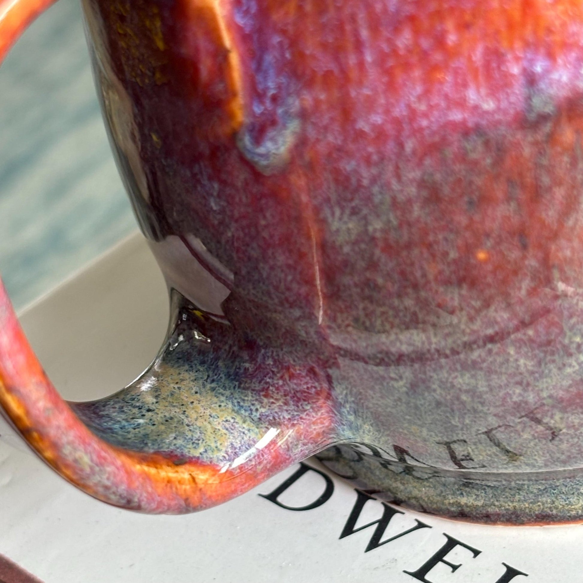 Handmade Ceramic Mug – Wheel Thrown Pottery Cup with Drippy Orange, Pink and Green Glaze - Vakili Art