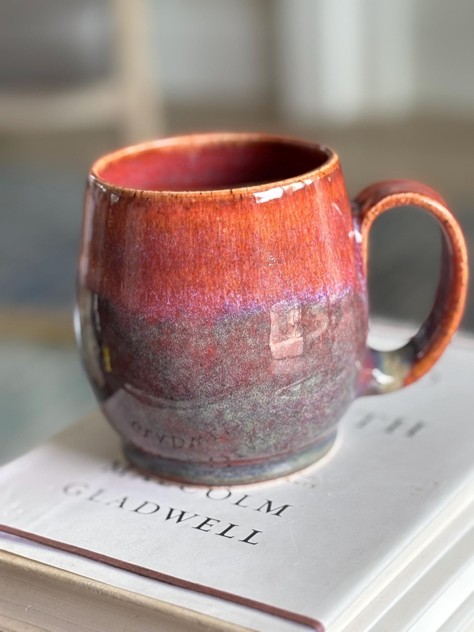 Handmade Ceramic Mug – Wheel Thrown Pottery Cup with Drippy Orange, Pink and Green Glaze - Vakili Art