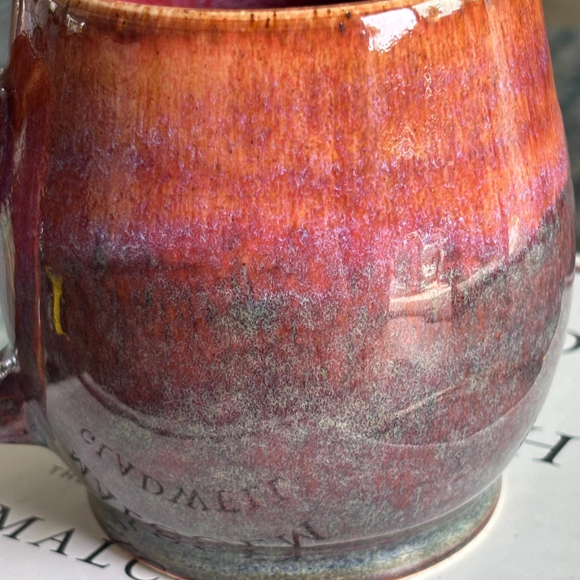 Handmade Ceramic Mug – Wheel Thrown Pottery Cup with Drippy Orange, Pink and Green Glaze - Vakili Art