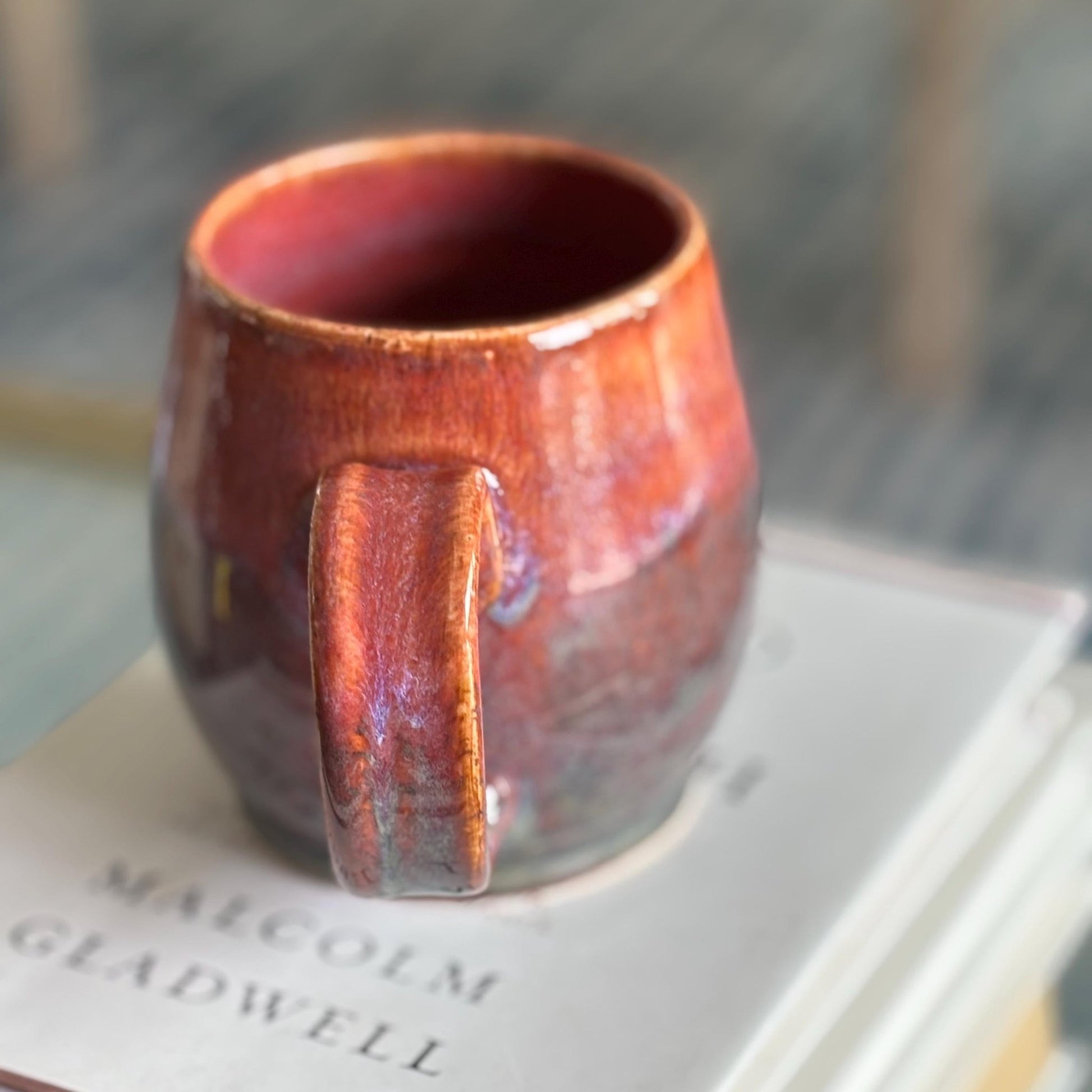 Handmade Ceramic Mug – Wheel Thrown Pottery Cup with Drippy Orange, Pink and Green Glaze - Vakili Art