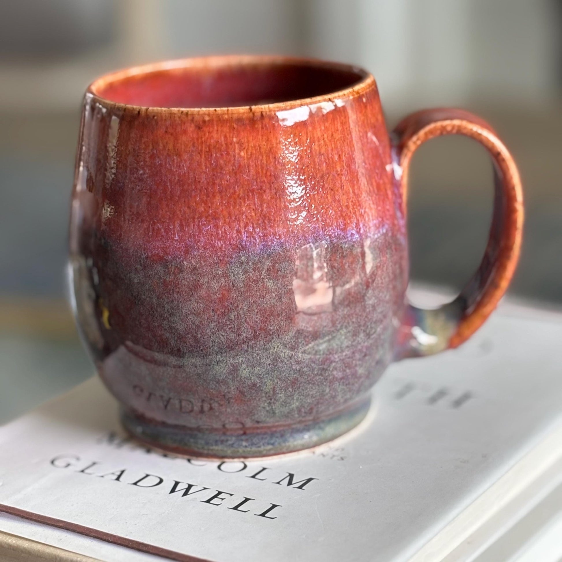 Handmade Ceramic Mug – Wheel Thrown Pottery Cup with Drippy Orange, Pink and Green Glaze - Vakili Art