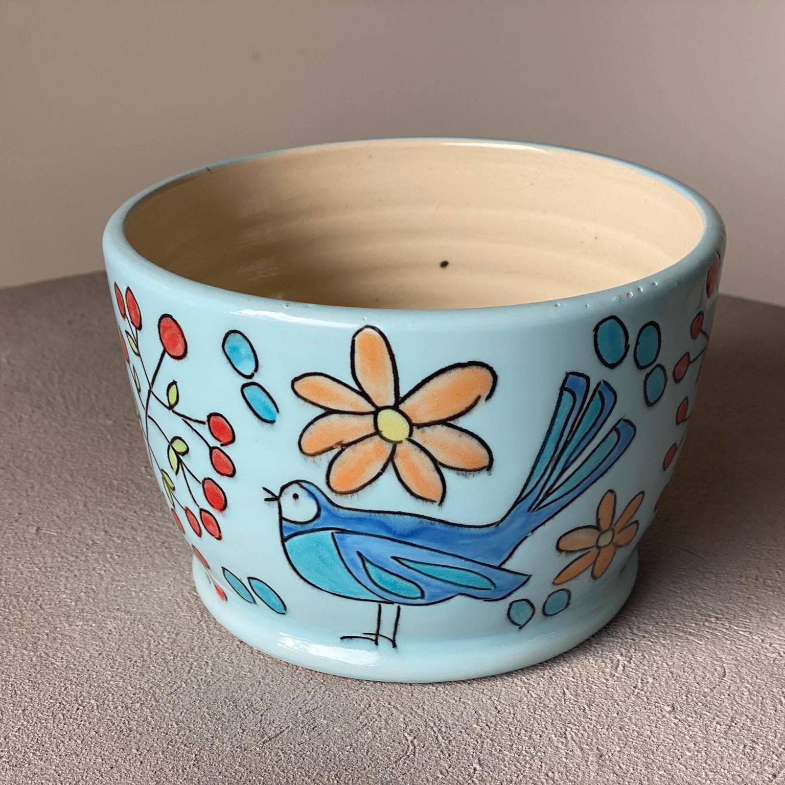 Handmade Ceramic Planter – Wheel Thrown Pottery with Hand Painted Flowers and Birds in Blue - Vakili Art