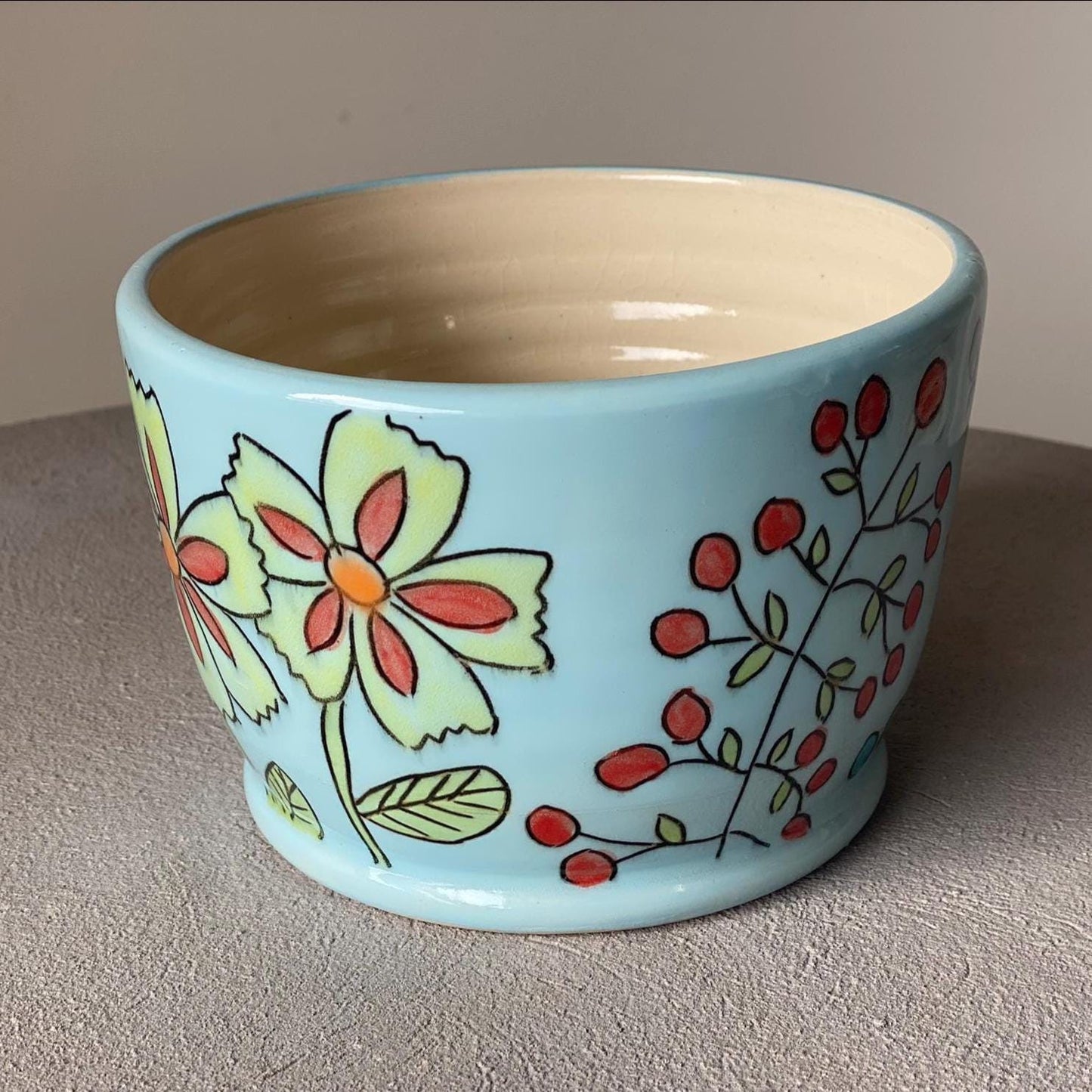 Handmade Ceramic Planter – Wheel Thrown Pottery with Hand Painted Flowers and Birds in Blue - Vakili Art