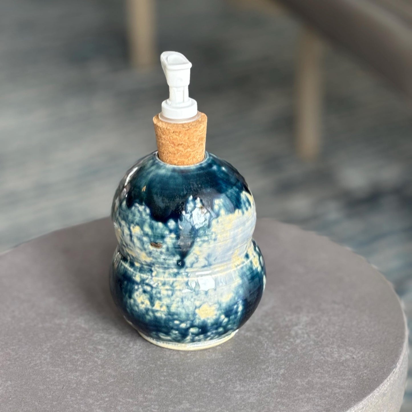 Handmade Ceramic Soap Dispenser: Blue and Cream Wheel - Thrown Pottery - Vakili Art