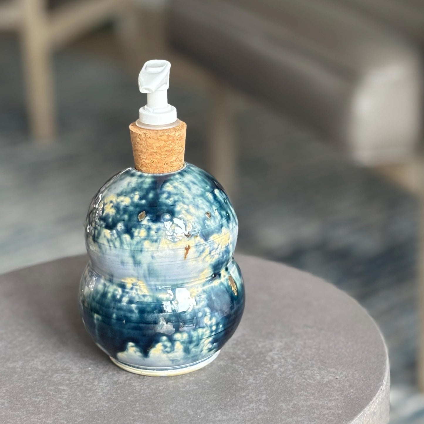 Handmade Ceramic Soap Dispenser: Blue and Cream Wheel - Thrown Pottery - Vakili Art