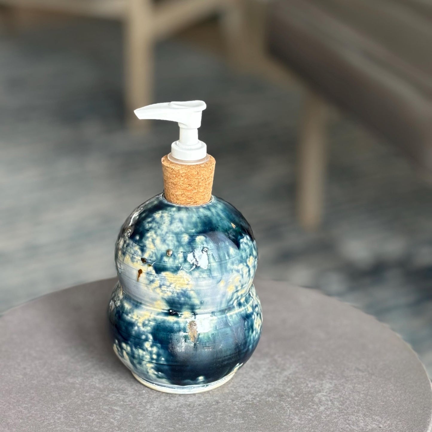 Handmade Ceramic Soap Dispenser: Blue and Cream Wheel - Thrown Pottery - Vakili Art