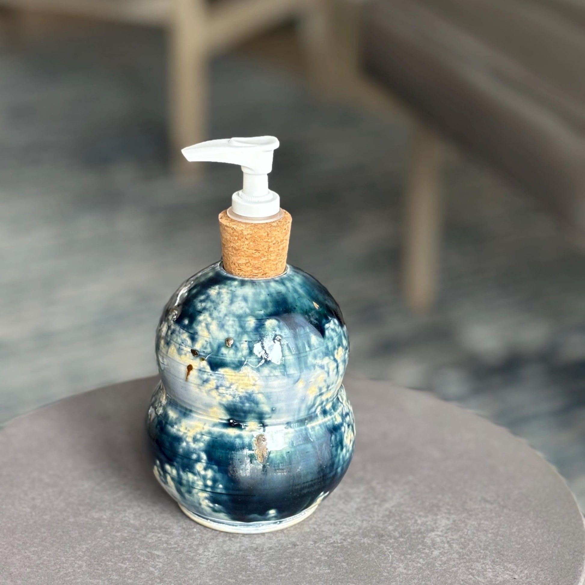 Handmade Ceramic Soap Dispenser: Blue and Cream Wheel - Thrown Pottery - Vakili Art