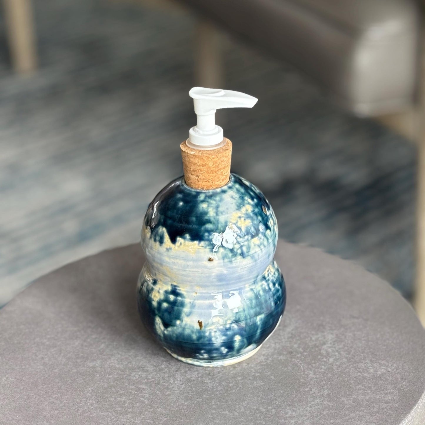 Handmade Ceramic Soap Dispenser: Blue and Cream Wheel - Thrown Pottery - Vakili Art