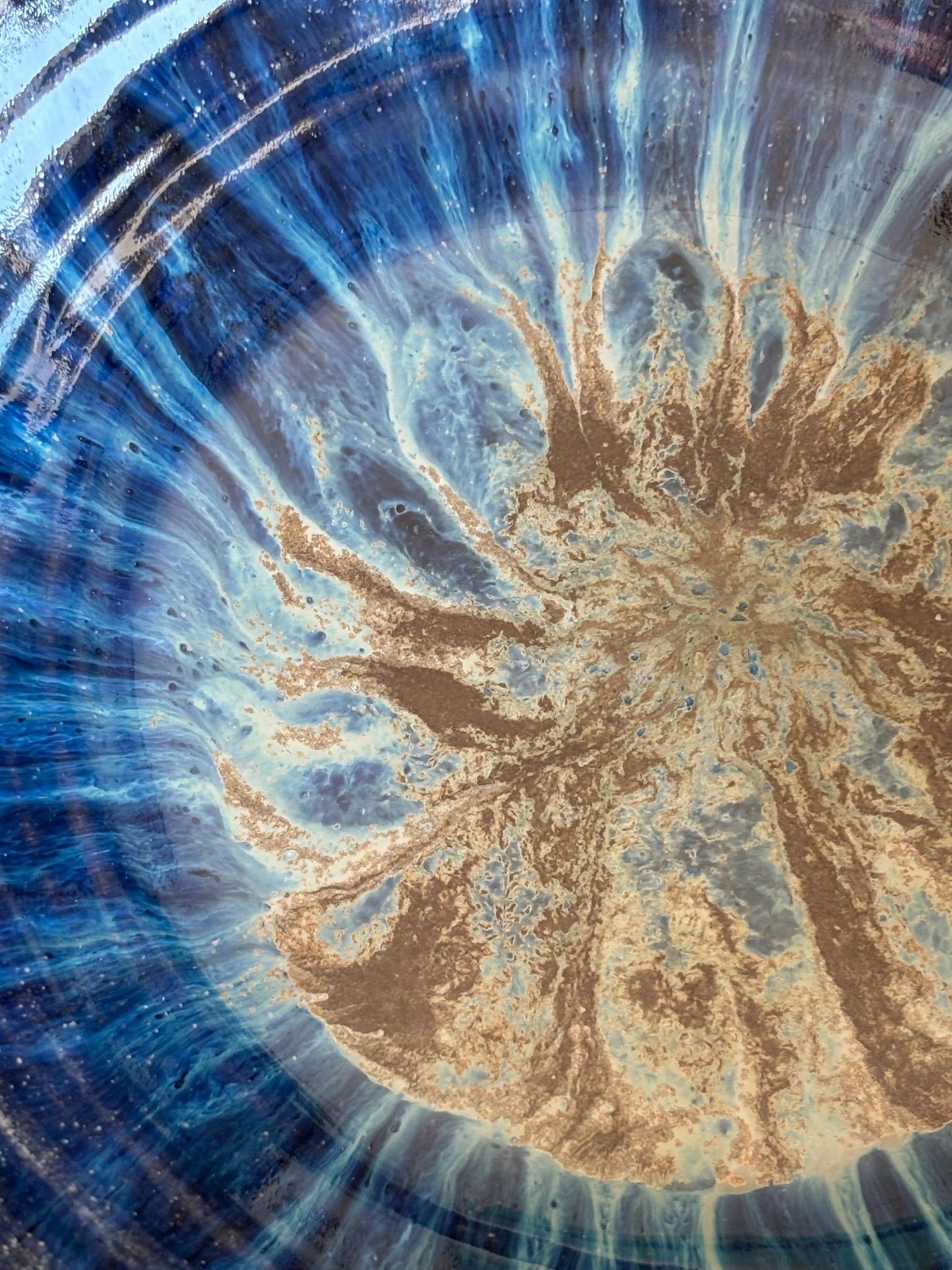 Handmade Decorative Bowl with Drippy Blue Interior and Rustic Textured Brown Exterior – 10.5” Wide - Vakili Art