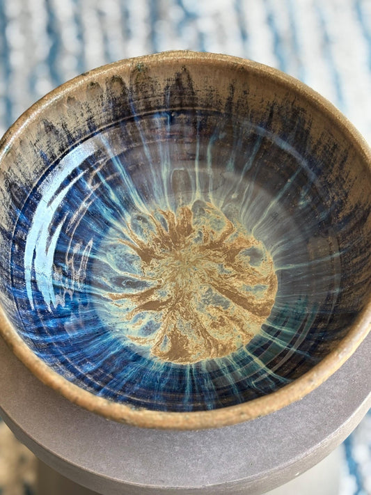 Handmade Decorative Bowl with Drippy Blue Interior and Rustic Textured Brown Exterior – 10.5” Wide - Vakili Art