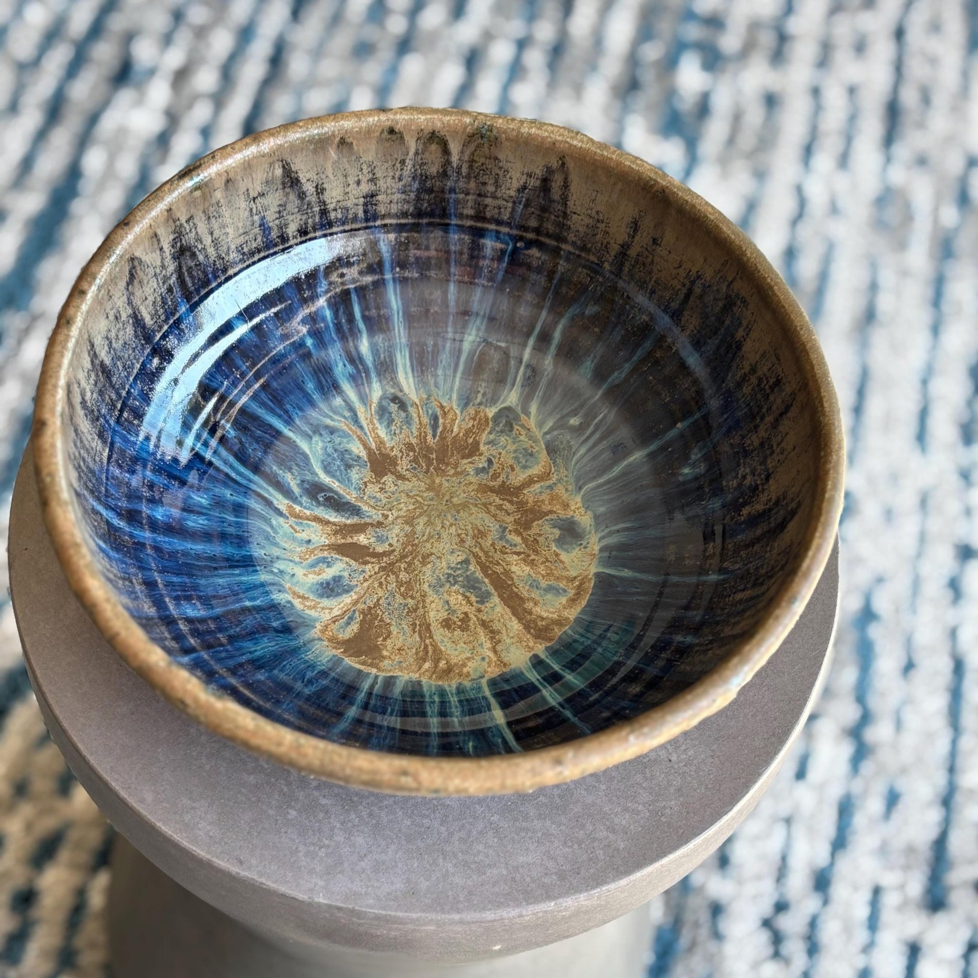Handmade Decorative Bowl with Drippy Blue Interior and Rustic Textured Brown Exterior – 10.5” Wide - Vakili Art