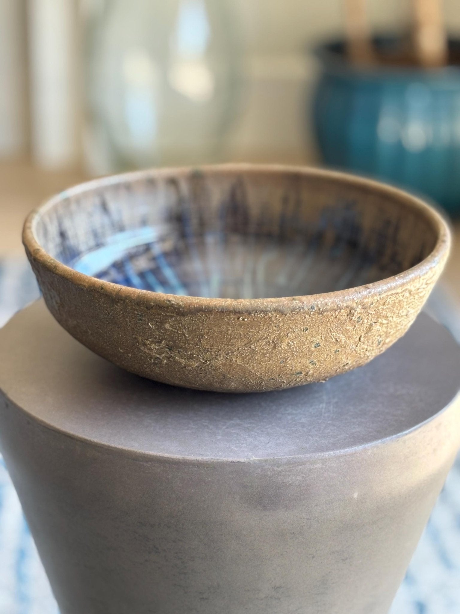 Handmade Decorative Bowl with Drippy Blue Interior and Rustic Textured Brown Exterior – 10.5” Wide - Vakili Art