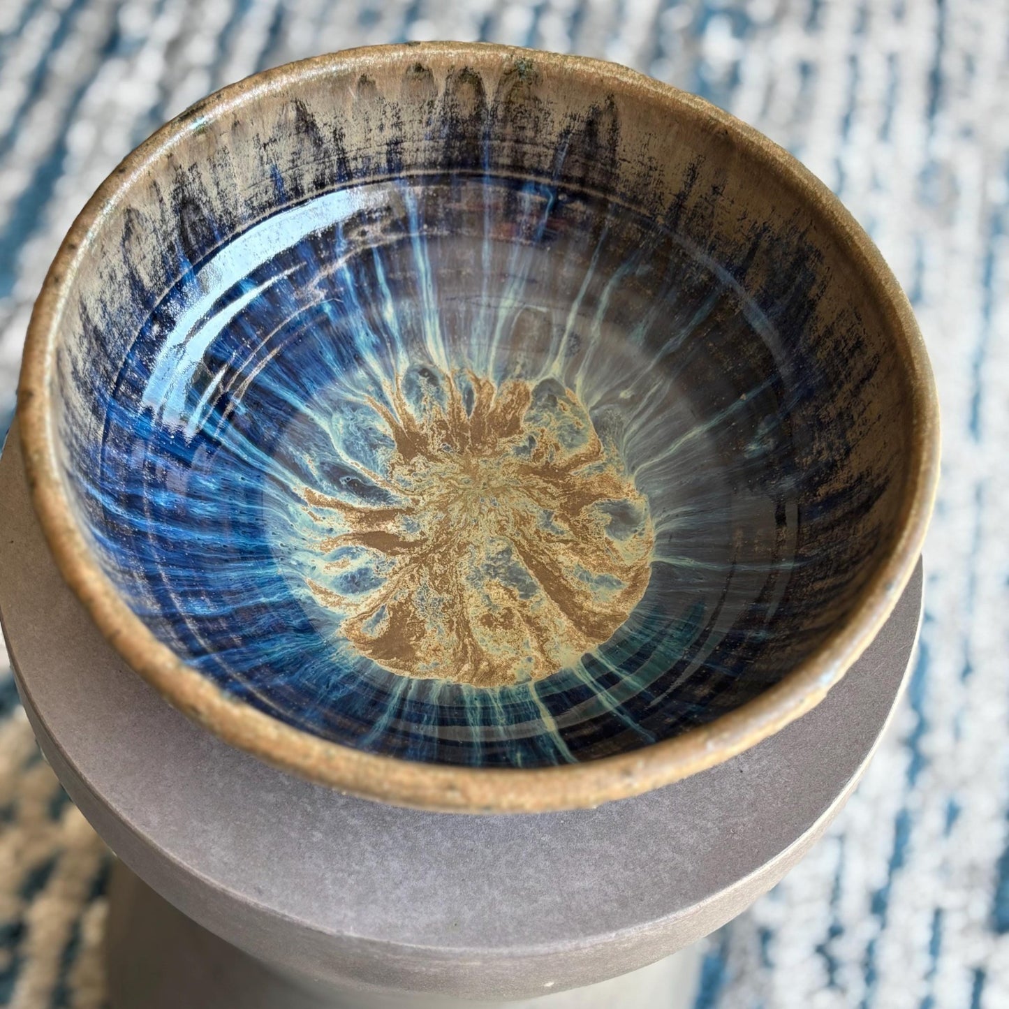 Handmade Decorative Bowl with Drippy Blue Interior and Rustic Textured Brown Exterior – 10.5” Wide - Vakili Art