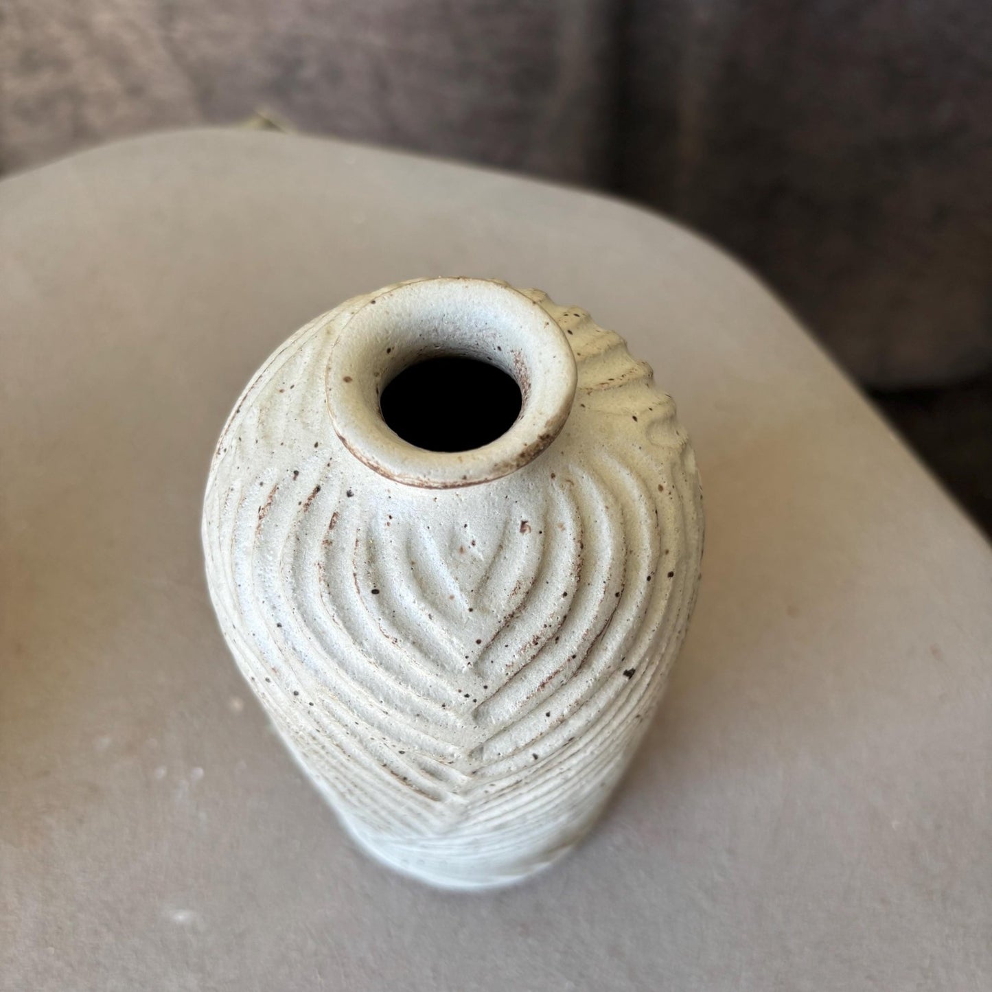 Handmade Decorative Ceramic Vase with Narrow Spout – White Glazed and Hand Carved Pottery - Vakili Art